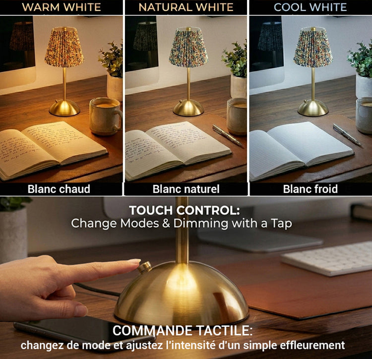 Xtricity Lampe de table tactile à DEL rechargeable USB Roccabella - abat-jour plissé multi-floral et or, sans fil, variable 3 couleurs - Simple Boutique