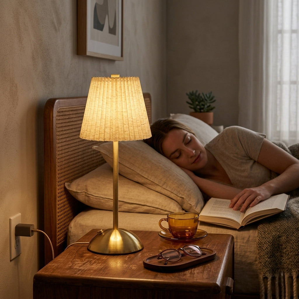 Xtricity Lampe de table tactile à DEL rechargeable USB Roccabella - abat-jour plissé or, sans fil, variable 3 couleurs - Simple Boutique