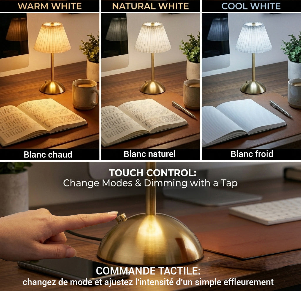 Xtricity Lampe de table tactile à DEL rechargeable USB Roccabella - abat-jour plissé or, sans fil, variable 3 couleurs - Simple Boutique