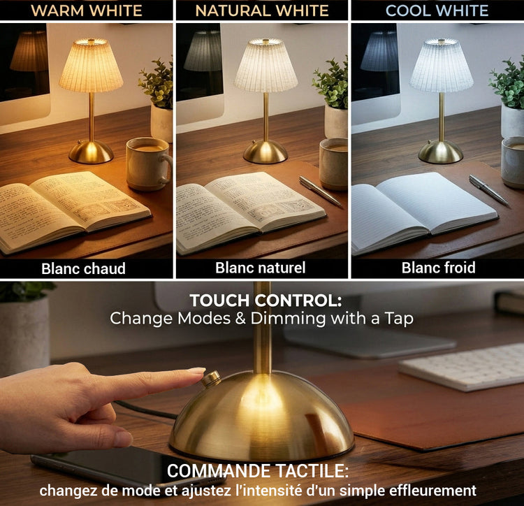 Xtricity Lampe de table tactile à DEL rechargeable USB Roccabella - abat-jour plissé or, sans fil, variable 3 couleurs - Simple Boutique