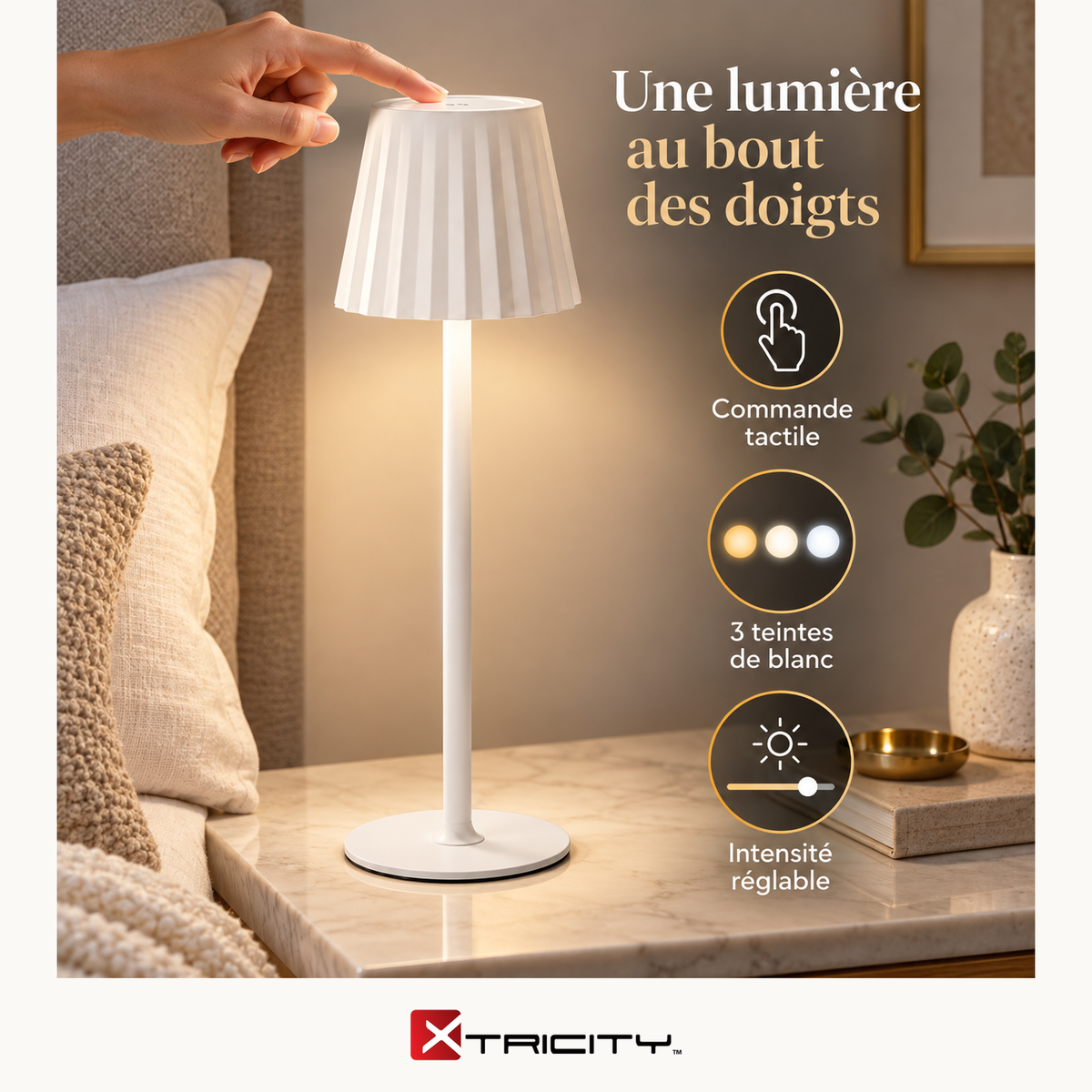 Lampe de table tactile portable à DEL MIGUEL - Blanc — Avantages — logo original Xtricity