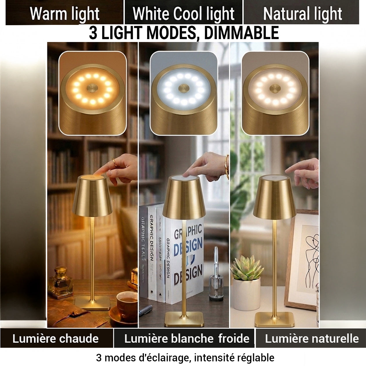 Xtricity Lampe de table tactile rechargeable USB Lucie Modern, Or - Simple Boutique