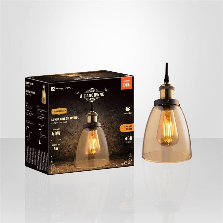 Xtricity - Luminaire Suspendu Verre Ambré, Ampoule DEL Incluse, De la Collection à L'ancienne - Simple Boutique