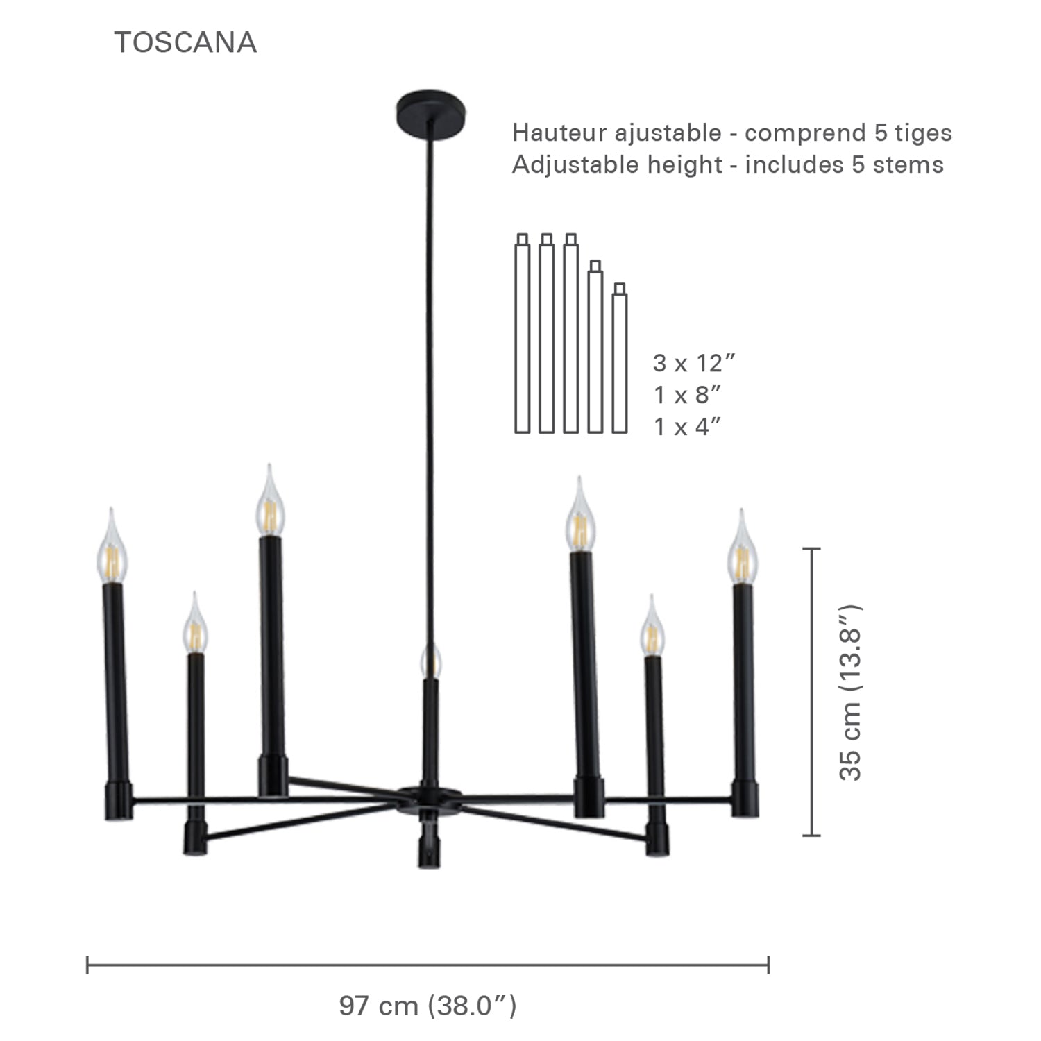Xtricity - Luminaire Suspendu à 7 Lumières, Largeur de 38'', De la Collection Toscana, Noir - Simple Boutique