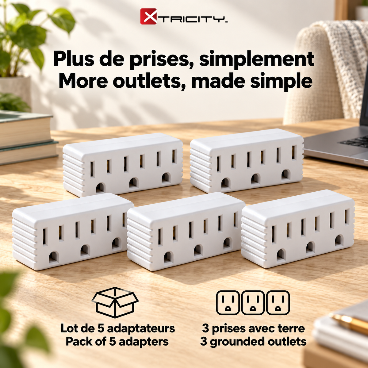 Xtricity Multiprise cubique 3 sorties avec terre - Blanche - Lot de 5 - Simple Boutique