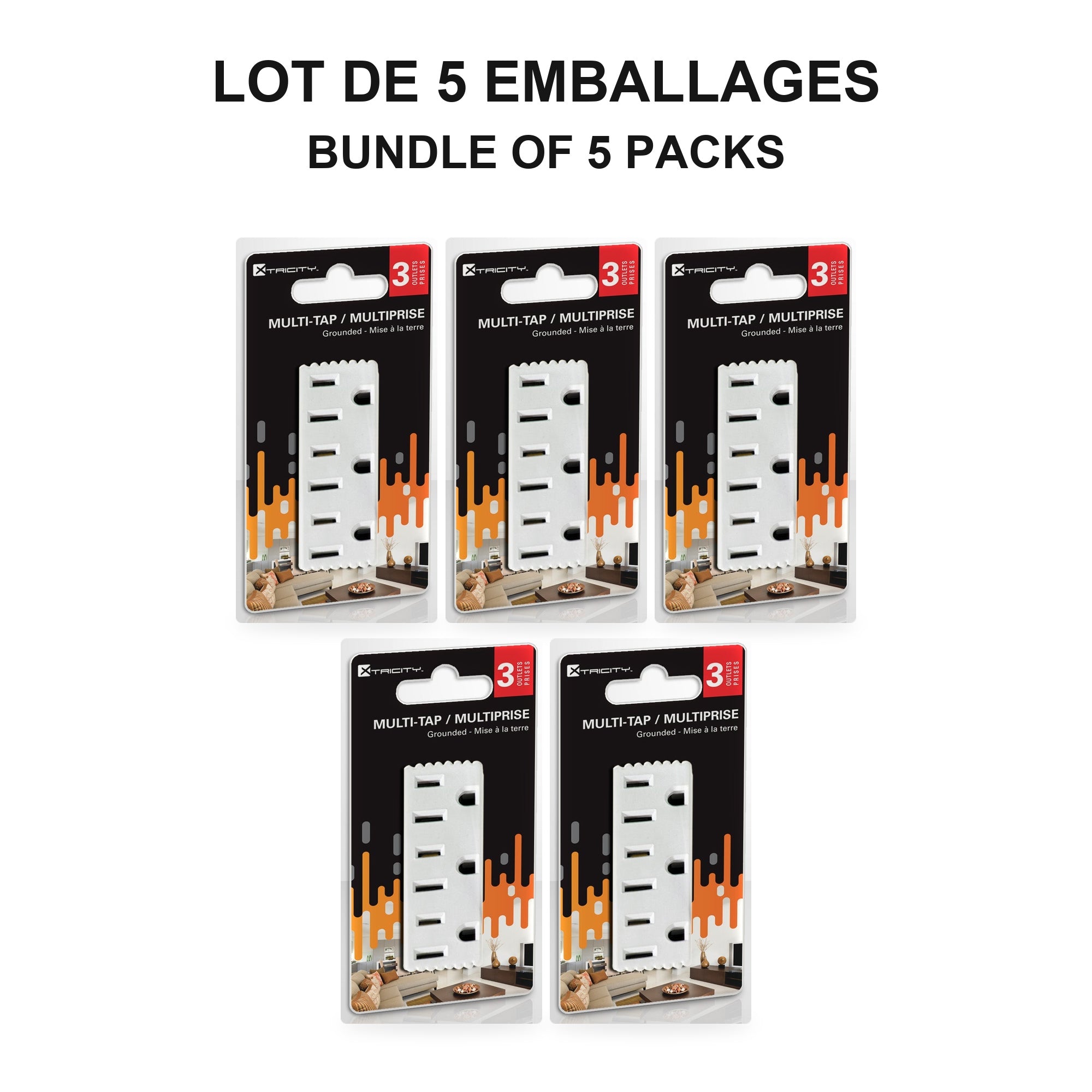 Xtricity Multiprise cubique 3 sorties avec terre - Blanche - Lot de 5 - emballage - Simple Boutique