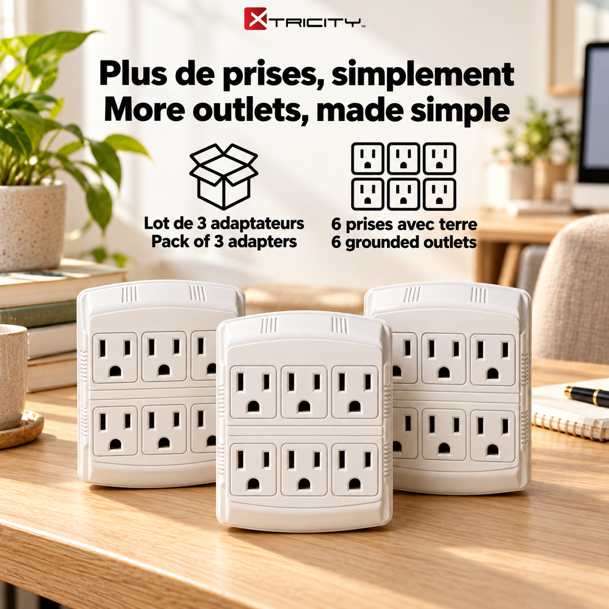 Xtricity Multiprise murale 6 prises avec terre - Lot de 3 - Simple Boutique