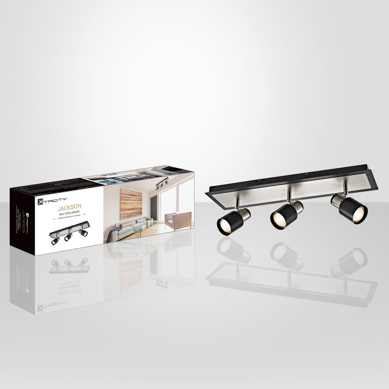 Xtricity - Rail d'éclairage à 3 Têtes, Largeur de 20.5'', De la Collection Jackson, Nickel Brossé et Noir - Simple Boutique