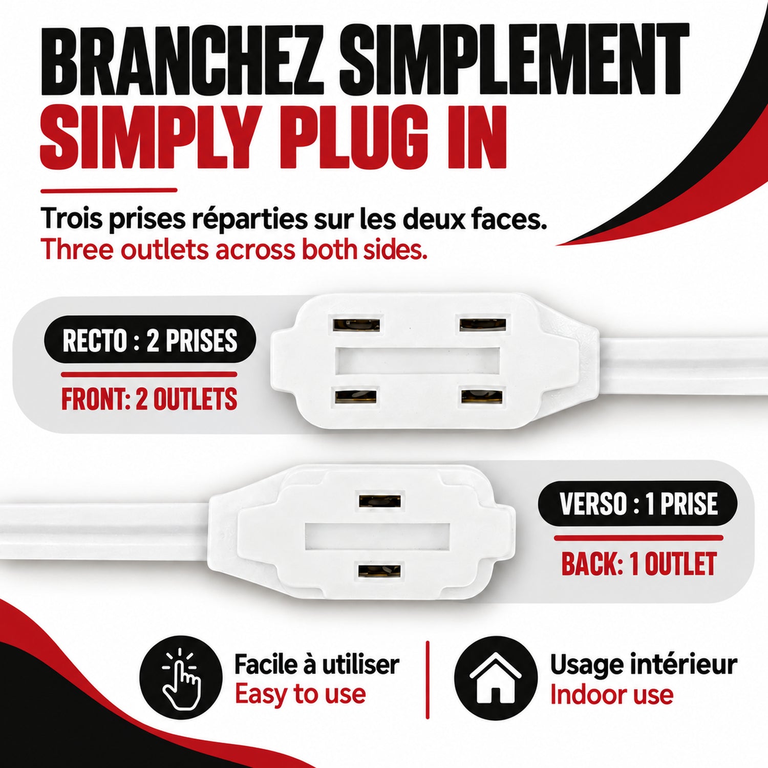 Xtricity Rallonge d'intérieur légère 1,5 m blanche 3 prises polarisées - Lot de 3 - Simple Boutique