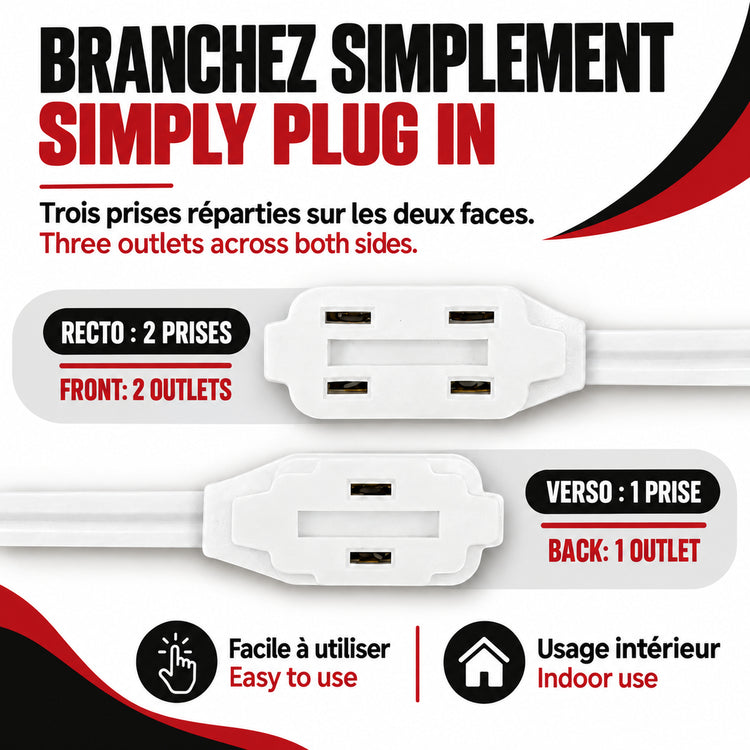 Xtricity Rallonge d'intérieur légère 1,5 m blanche 3 prises polarisées - Lot de 3 - Simple Boutique
