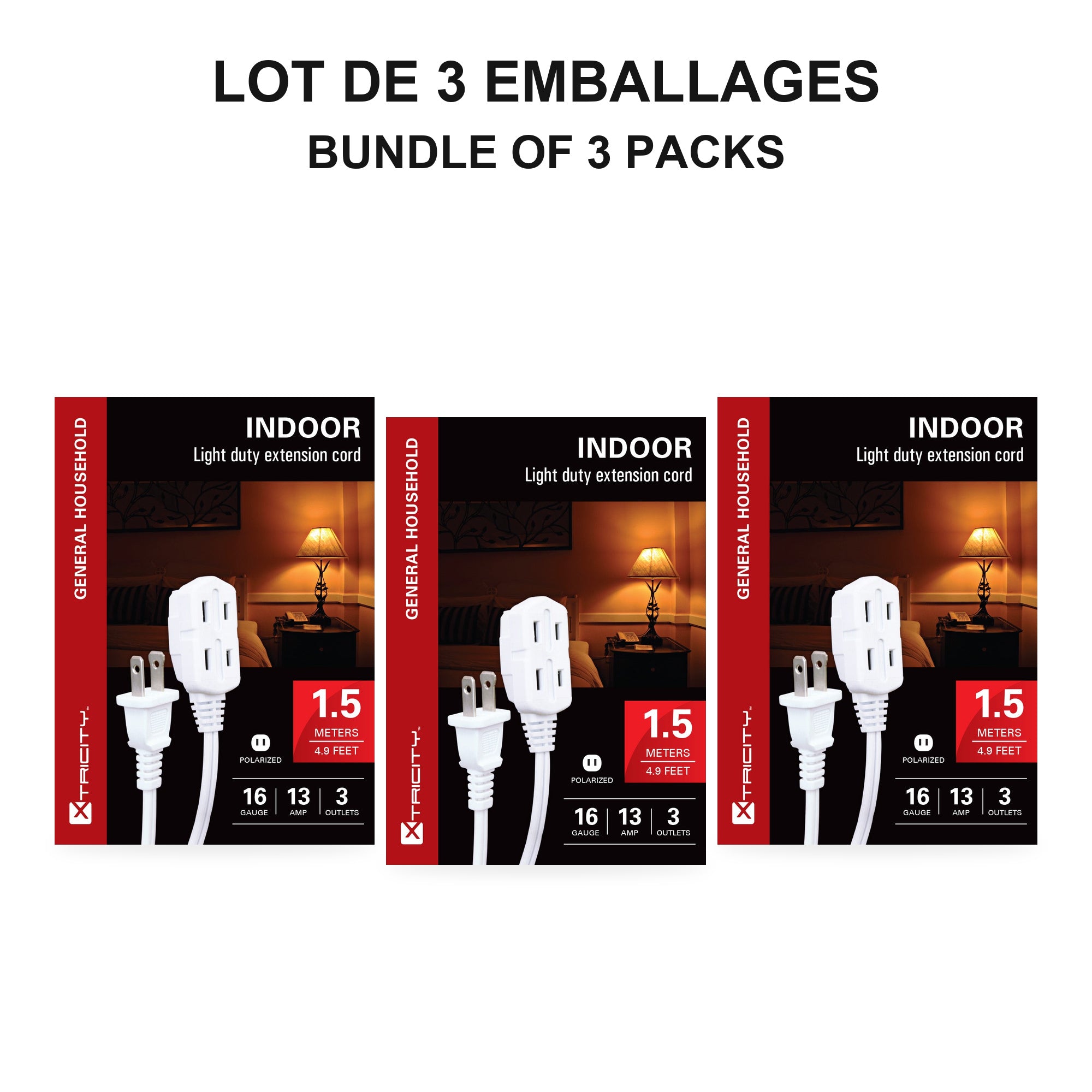 Xtricity Rallonge d'intérieur légère 1,5 m blanche 3 prises polarisées - Lot de 3 - Simple Boutique