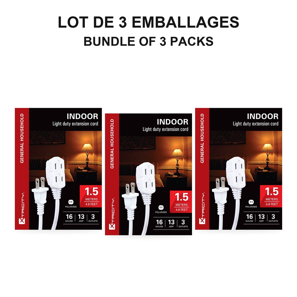 Xtricity Rallonge d'intérieur légère 1,5 m blanche 3 prises polarisées - Lot de 3 - Simple Boutique