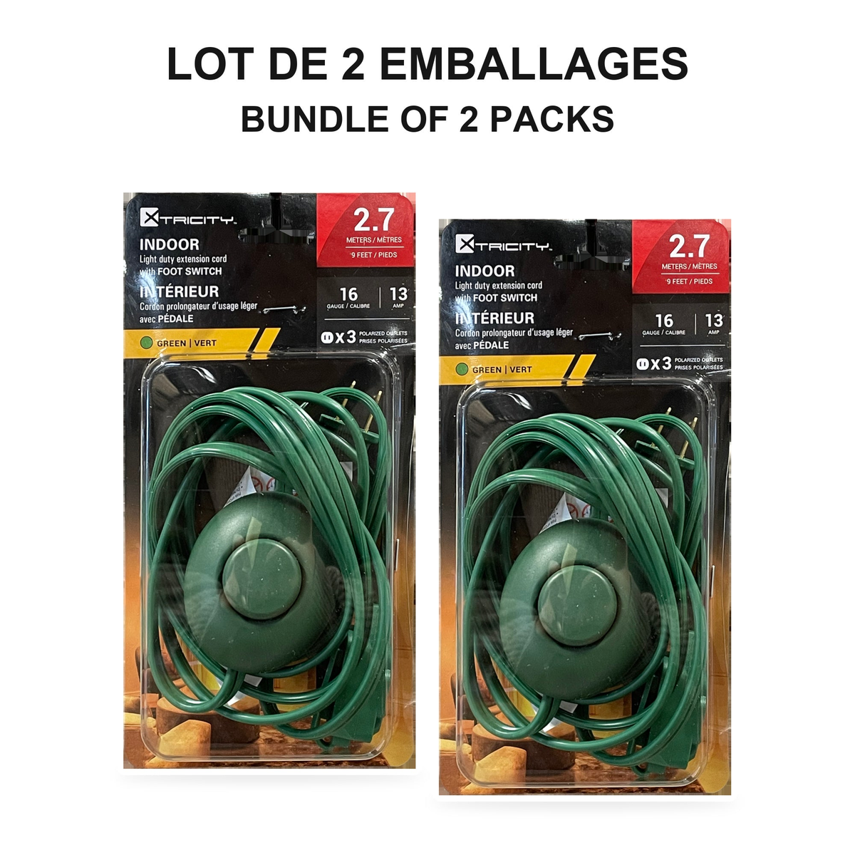 Xtricity Rallonge d'intérieur légère avec interrupteur à pied, 3 prises - Verte - Lot de 2 - emballage - Simple Boutique