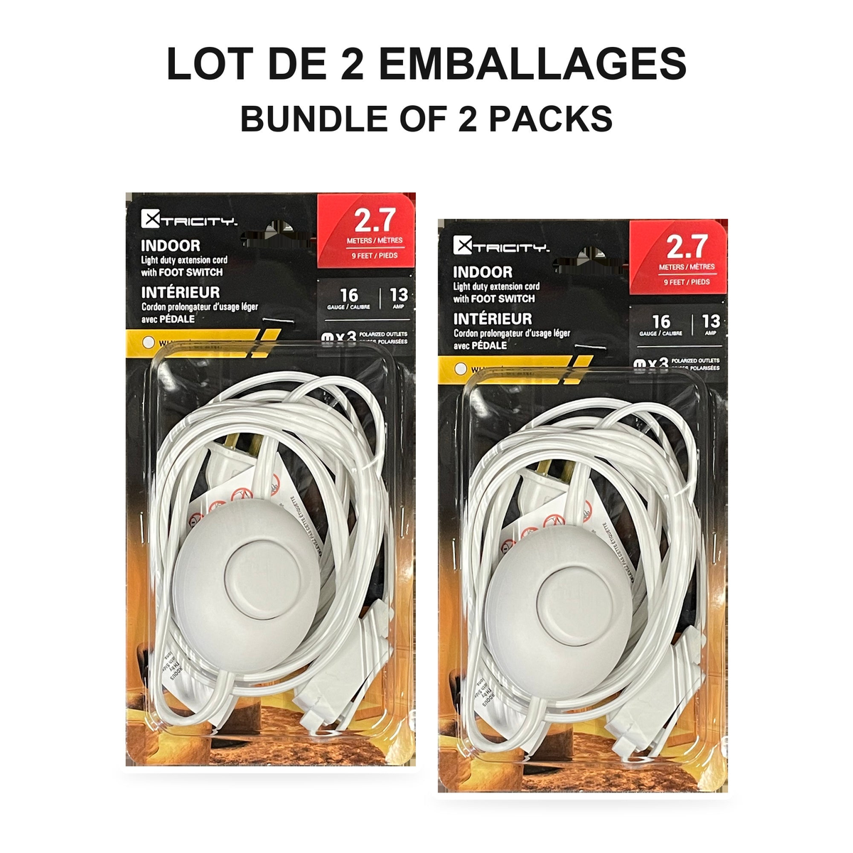 Xtricity Rallonge d'intérieur légère avec interrupteur au pied, 3 prises - Blanc - Lot de 2 - emballage - Simple Boutique