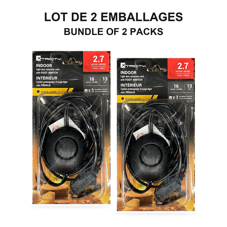 Xtricity Rallonge d'intérieur légère avec interrupteur au pied, 3 prises - Noir - Lot de 2 - emballage - Simple Boutique