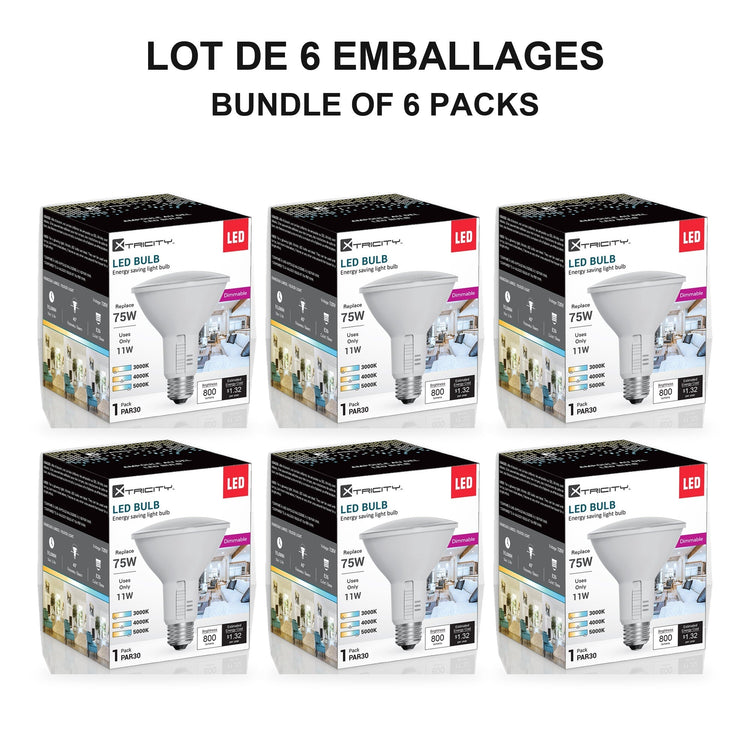 Xtricity Réflecteur DEL PAR30 Dimmable - 11W, 3-CCT Sélectionnables, E26 - Lot de 6 - emballage - Simple Boutique