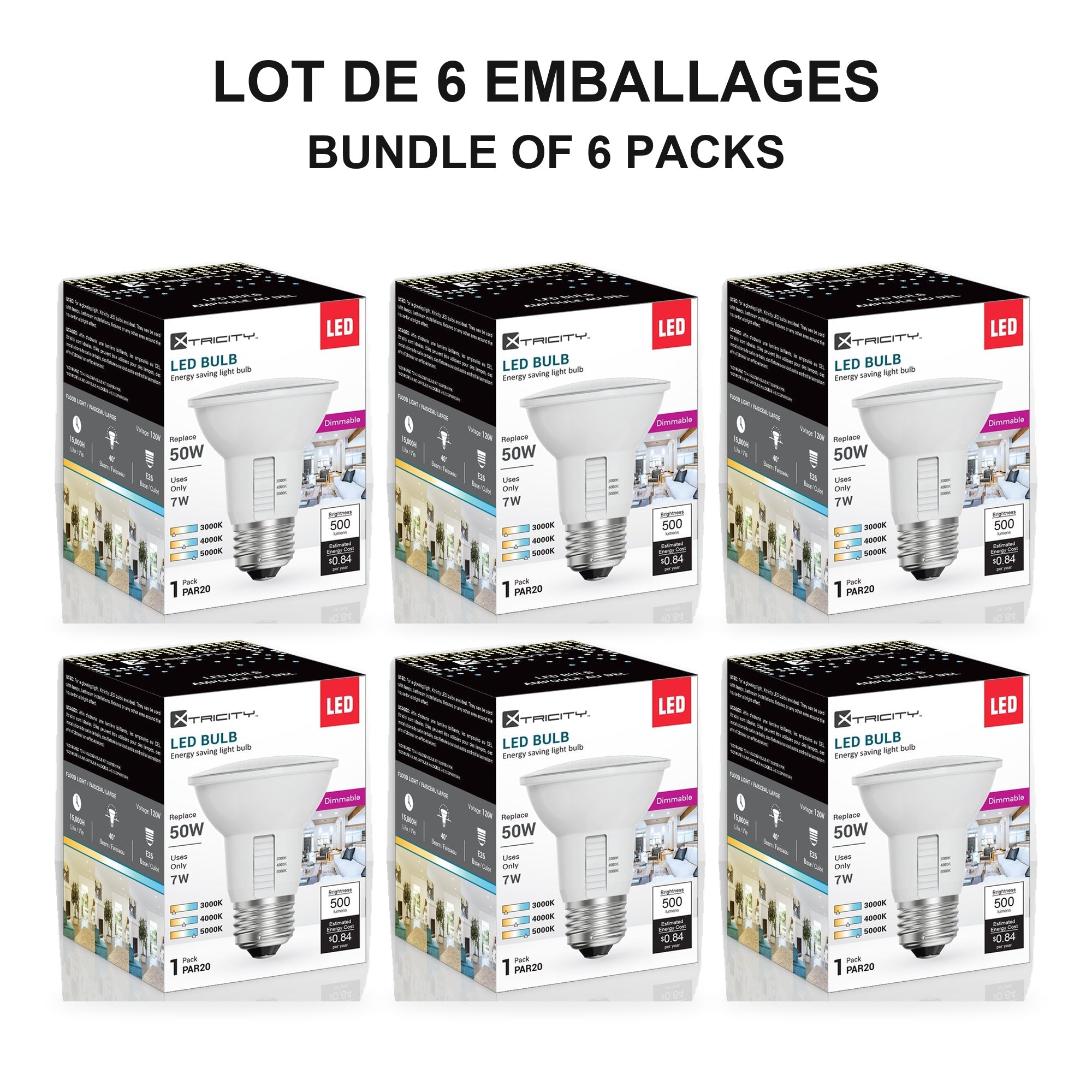 Xtricity Réflecteur à DEL gradable PAR20 - 7 W, 3 TCC sélectionnables, culot E26 - Lot de 6 - emballage - Simple Boutique
