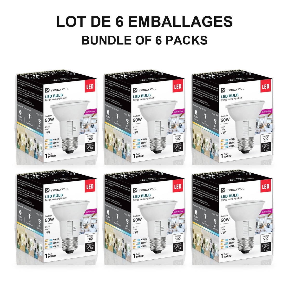 Xtricity Réflecteur à DEL gradable PAR20 - 7 W, 3 TCC sélectionnables, culot E26 - Lot de 6 - emballage - Simple Boutique