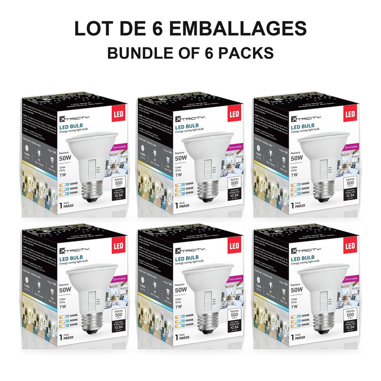 Xtricity Réflecteur à DEL gradable PAR20 - 7 W, 3 TCC sélectionnables, culot E26 - Lot de 6 - emballage - Simple Boutique