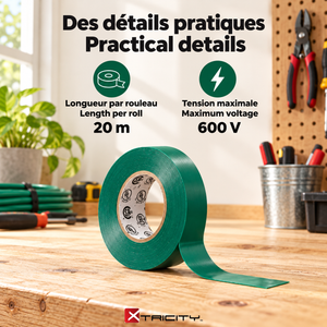 Xtricity Ruban adhésif isolant en vinyle vert - 18 mm x 20 m - Lot de 10 - Simple Boutique