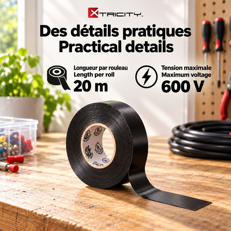 Xtricity Ruban isolant électrique en vinyle noir - 18 mm x 20 m - Lot de 10 - Simple Boutique