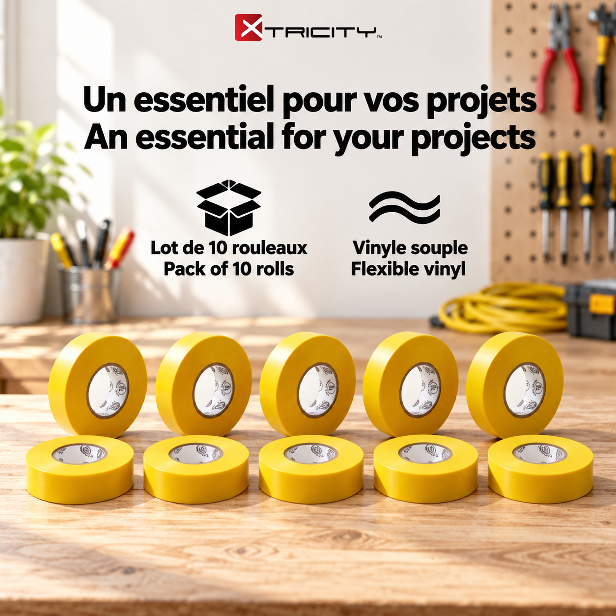 Xtricity Ruban isolant électrique jaune - 3/4" x 66 pi, 18 mm x 20 m - Lot de 10 - Simple Boutique