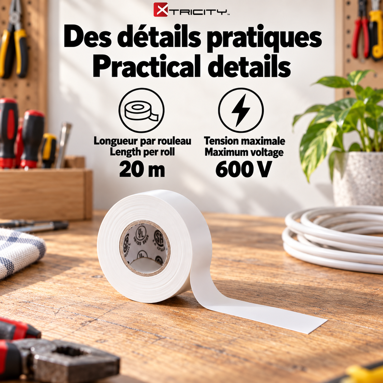 Xtricity Ruban isolant en vinyle blanc - 18 mm x 20 m - Lot de 10 - Simple Boutique