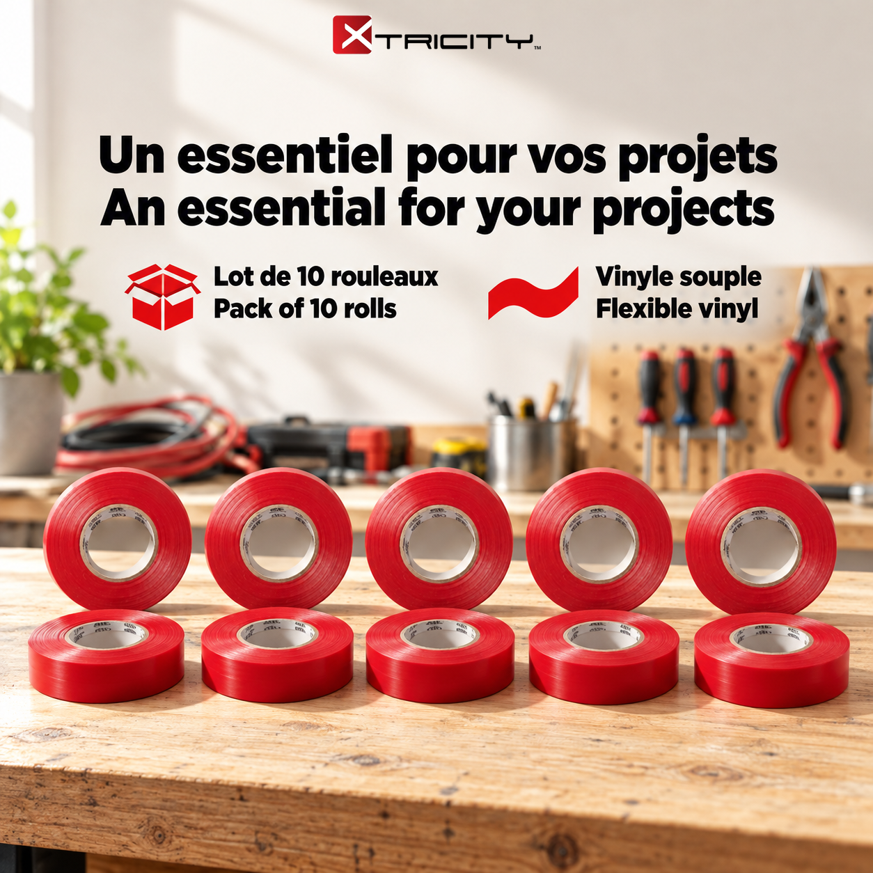 Xtricity Ruban isolant en vinyle rouge - 18 mm x 20 m - Lot de 10 - Simple Boutique
