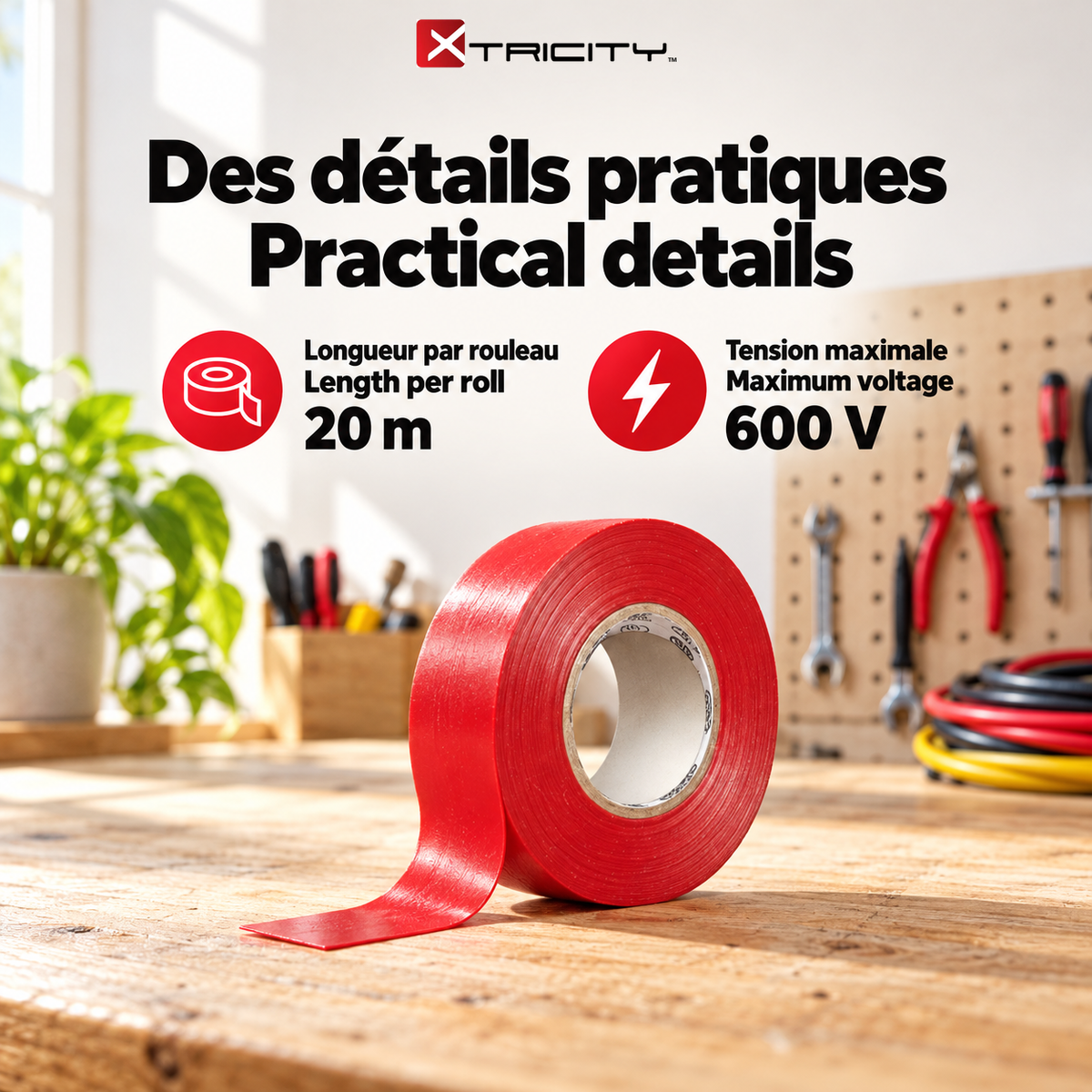 Xtricity Ruban isolant en vinyle rouge - 18 mm x 20 m - Lot de 10 - Simple Boutique