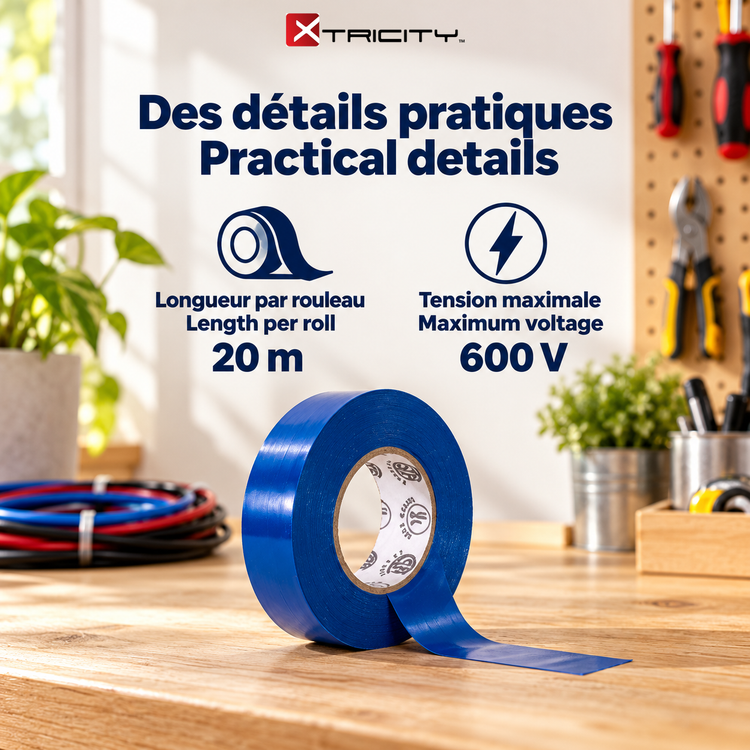 Xtricity Ruban isolant vinyle bleu - 3/4" x 66 pi, 18 mm x 20 m - Lot de 10 - Simple Boutique