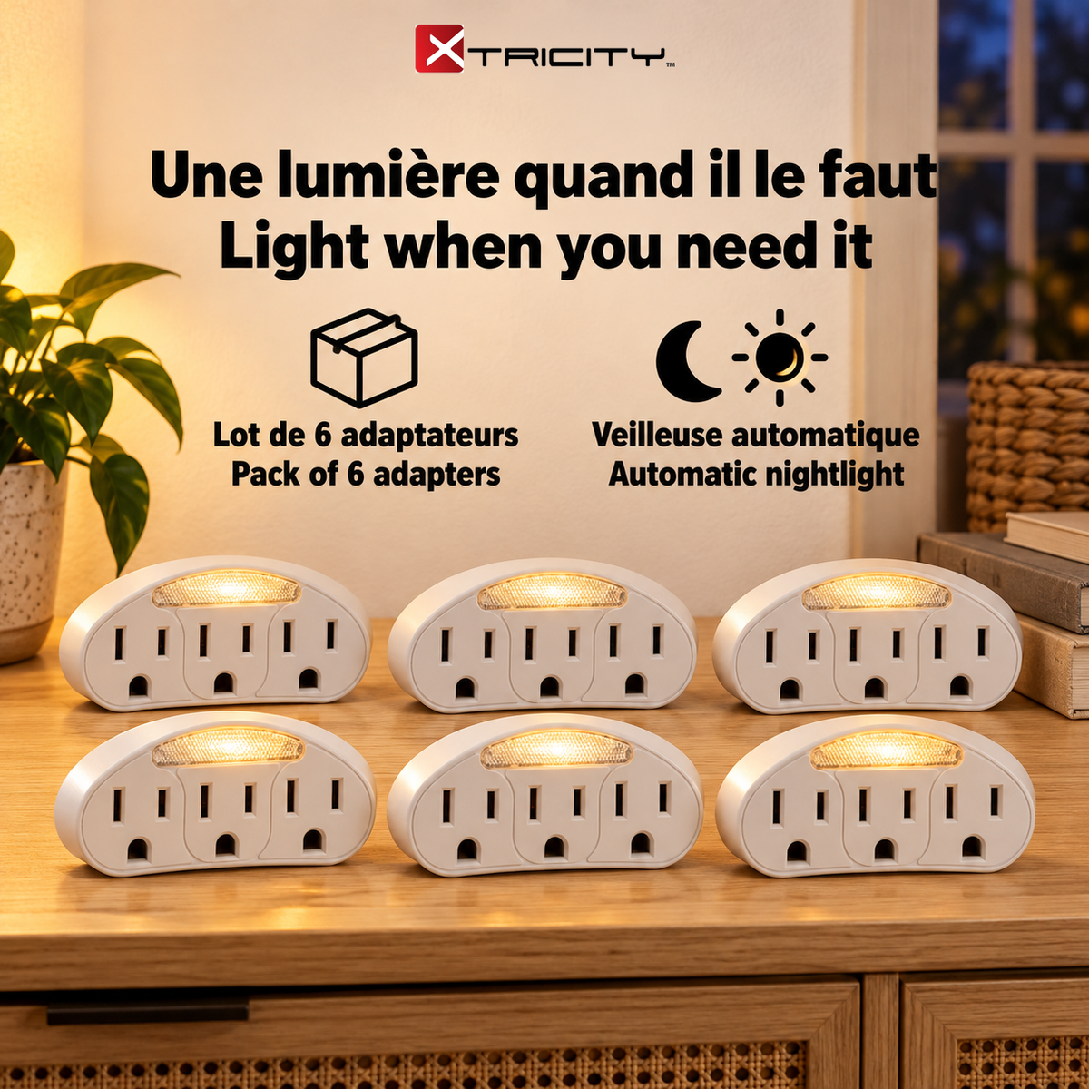 Xtricity Triple prise de terre avec veilleuse automatique - Lot de 6 - Simple Boutique