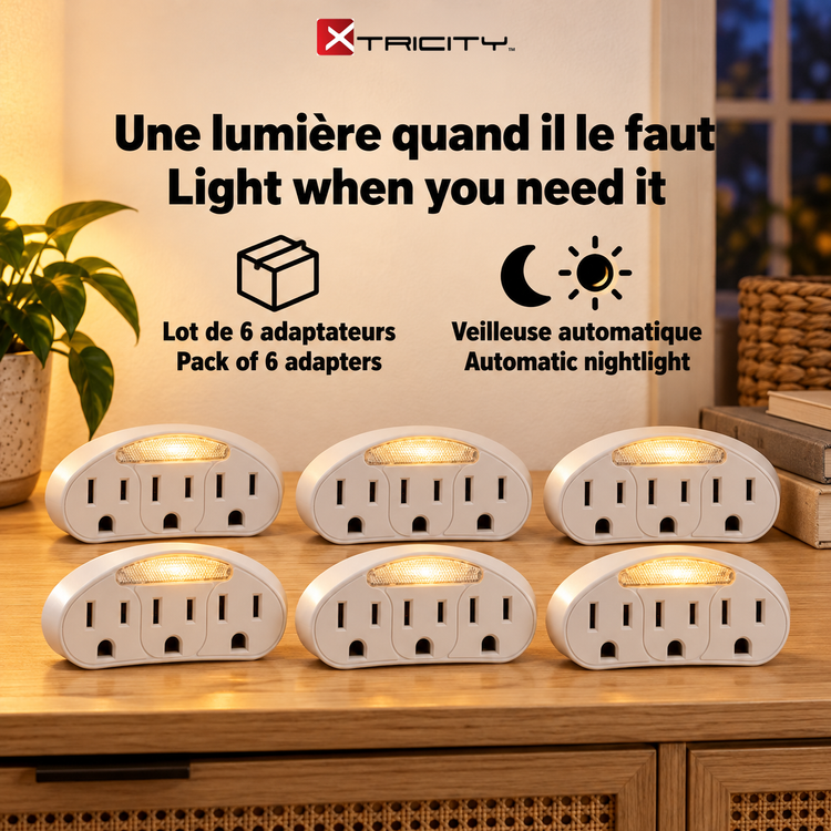 Xtricity Triple prise de terre avec veilleuse automatique - Lot de 6 - Simple Boutique