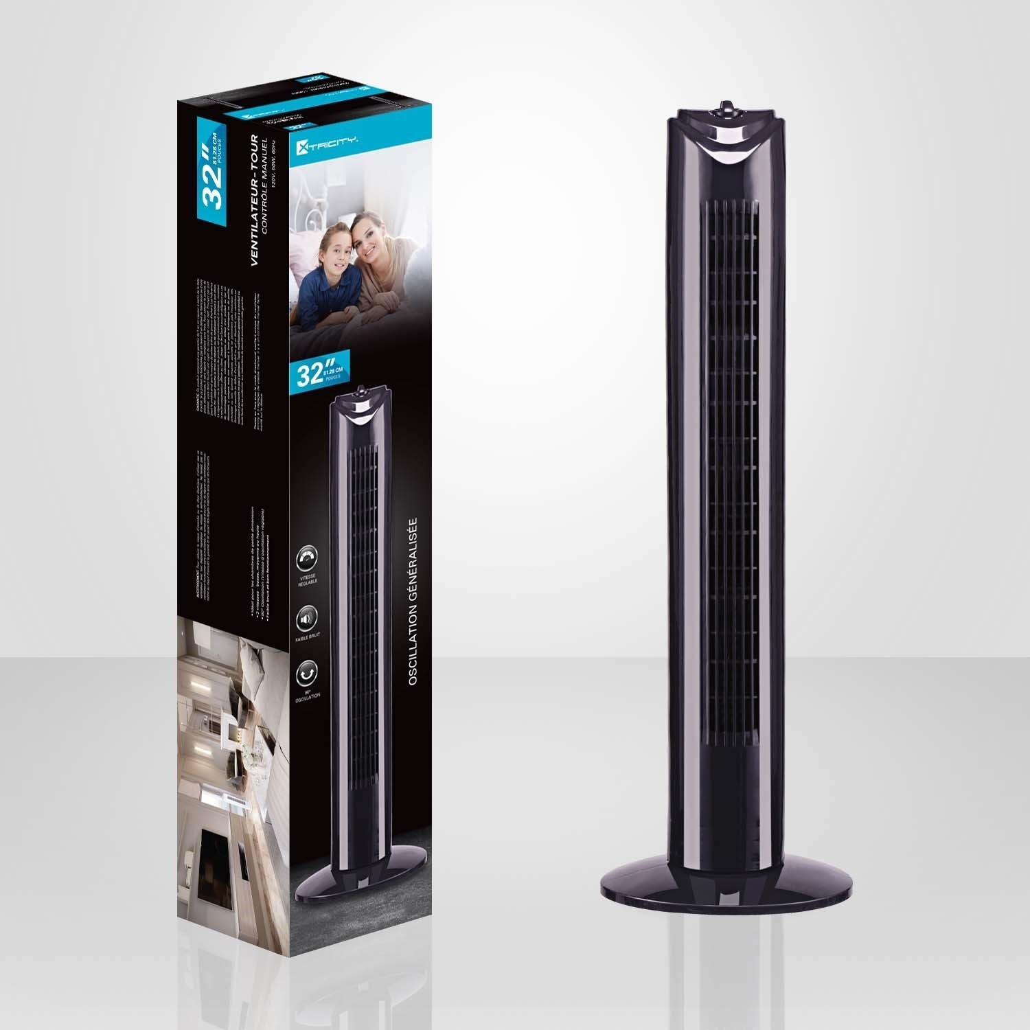 Xtricity - Ventilateur Tour Oscillant, Hauteur de 32", 3 Réglages de Vitesses, 50 Watts, Noir - Simple Boutique