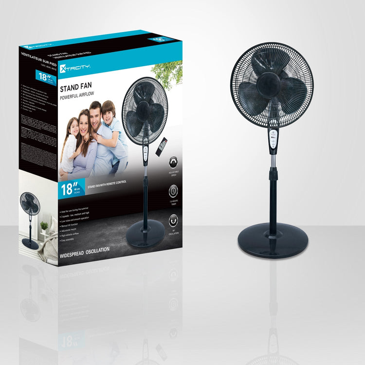 Xtricity - Ventilateur sur Pied Oscillant, Diamètre de 18", 3 Réglages de Vitesse, 65 Watts, Avec Télécommande, Noir - Simple Boutique
