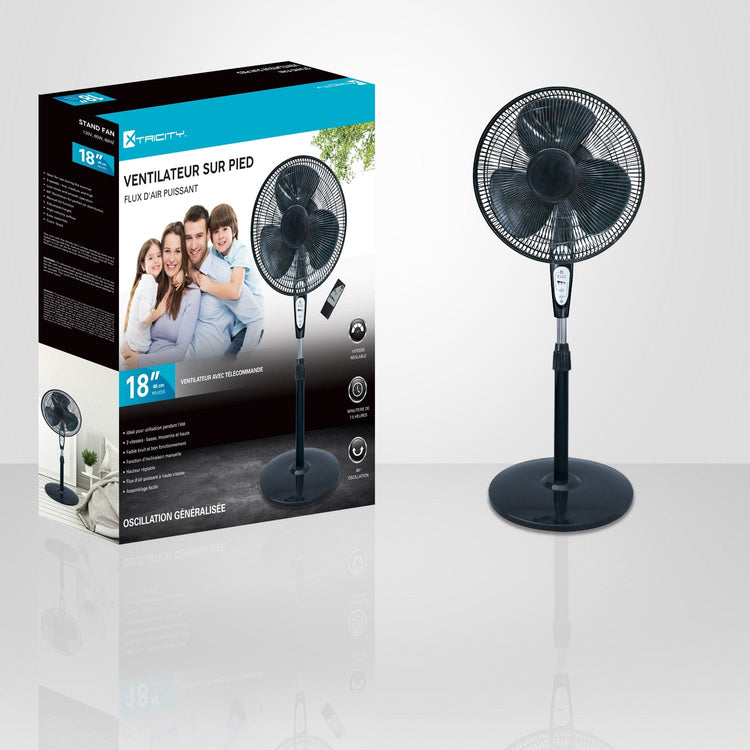 Xtricity - Ventilateur sur Pied Oscillant, Diamètre de 18", 3 Réglages de Vitesse, 65 Watts, Avec Télécommande, Noir - Simple Boutique