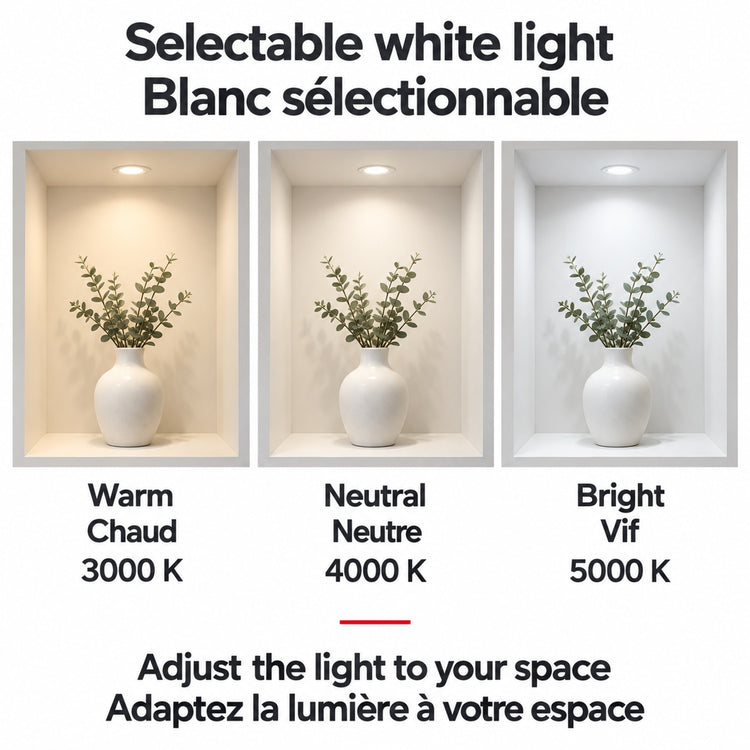 Selectable white light / Blanc sélectionnable — températures de couleur réglables