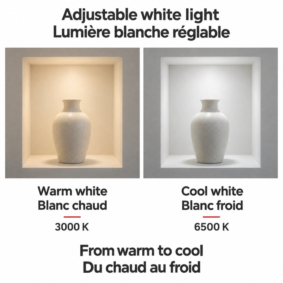 Selectable white light / Blanc sélectionnable — températures de couleur réglables