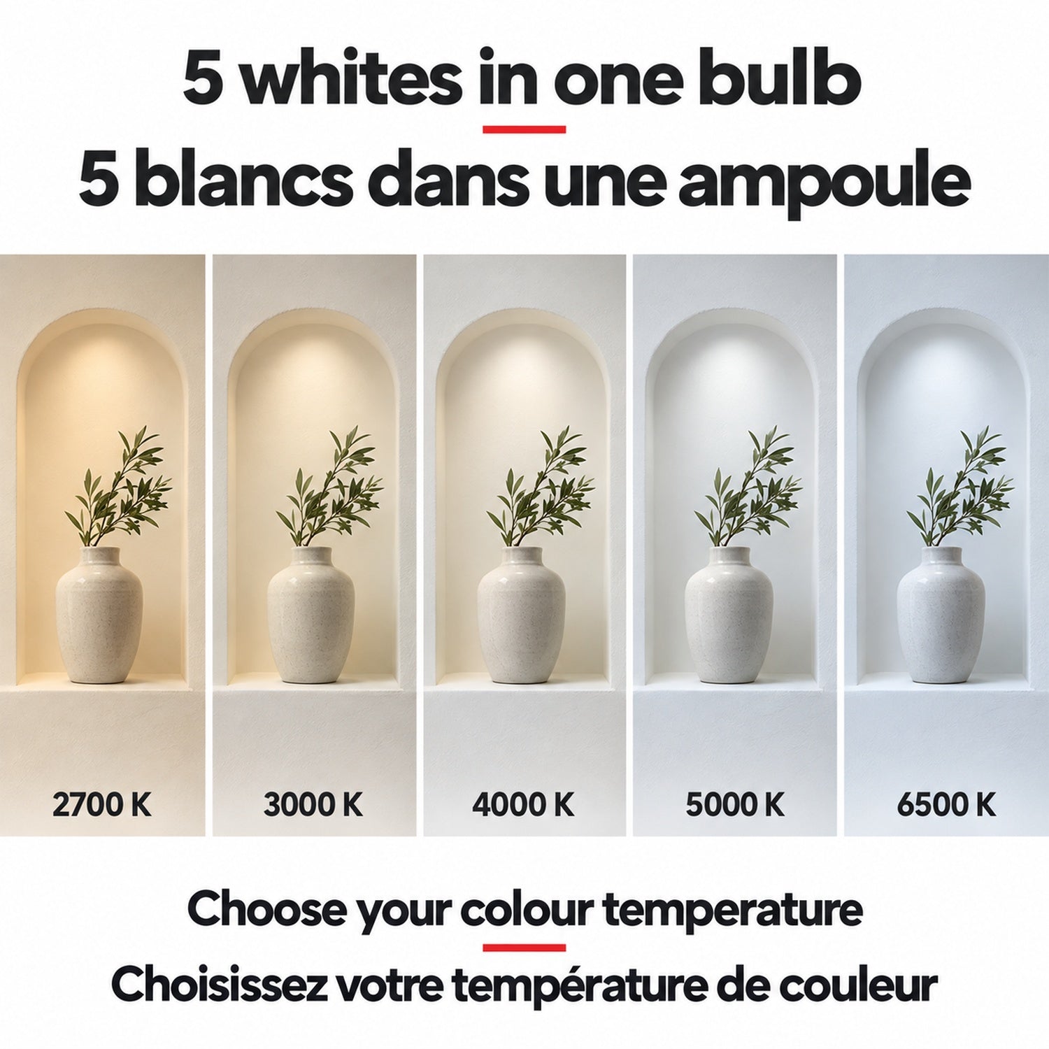 Selectable white light / Blanc sélectionnable — températures de couleur réglables