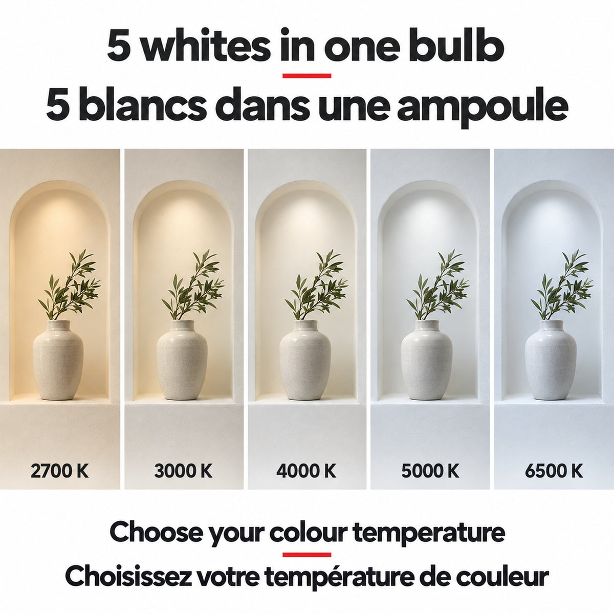 Selectable white light / Blanc sélectionnable — températures de couleur réglables