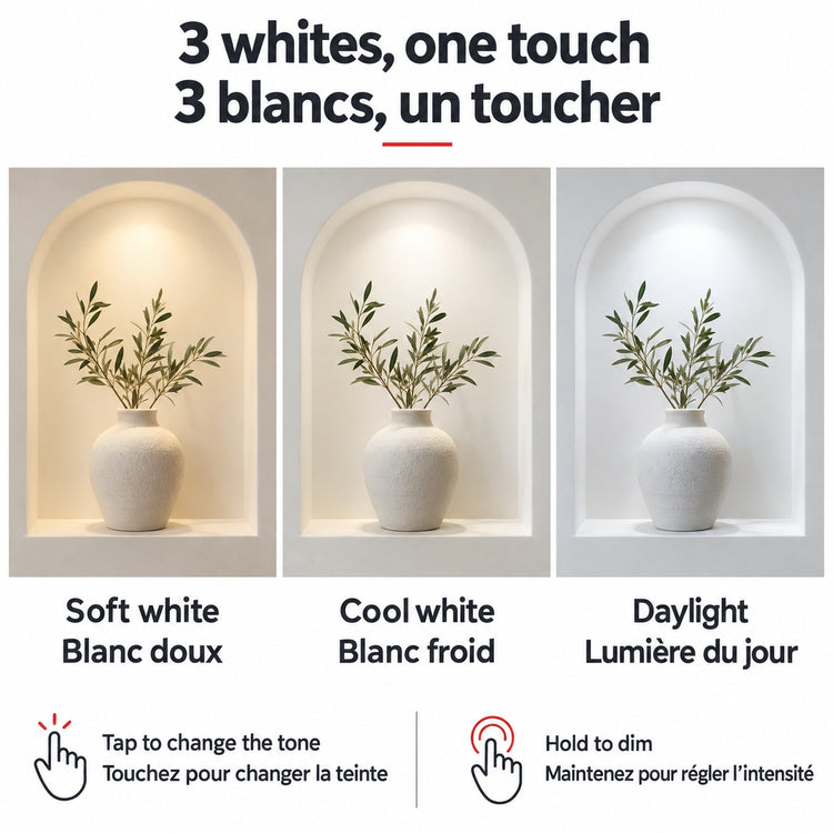 Selectable white light / Blanc sélectionnable — températures de couleur réglables