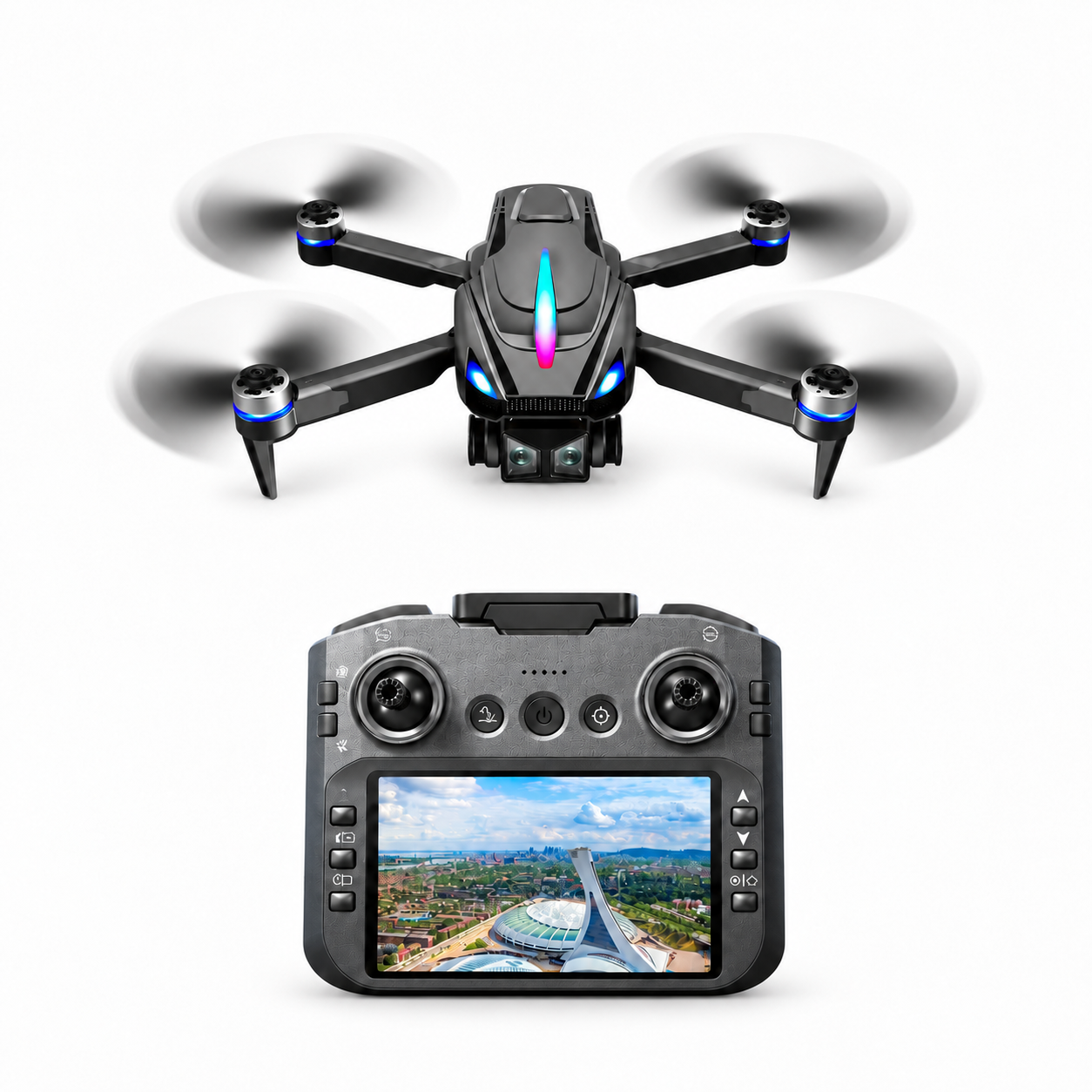 Drone et télécommande centrée sur fond blanc