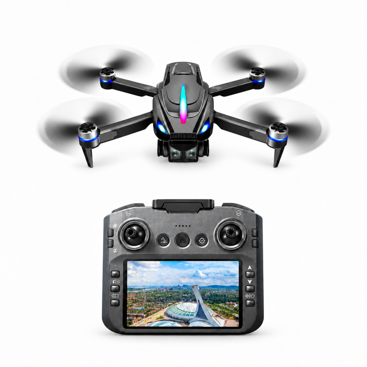 Drone et télécommande centrée sur fond blanc