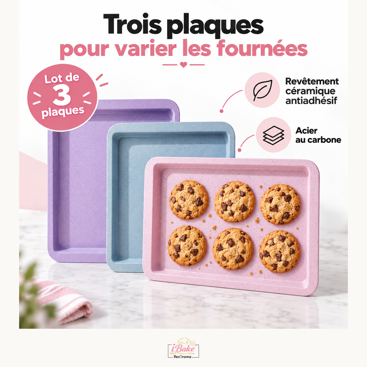 Lot de 3 plaques de cuisson antiadhésives en céramique mouchetée — cuisson — logo original