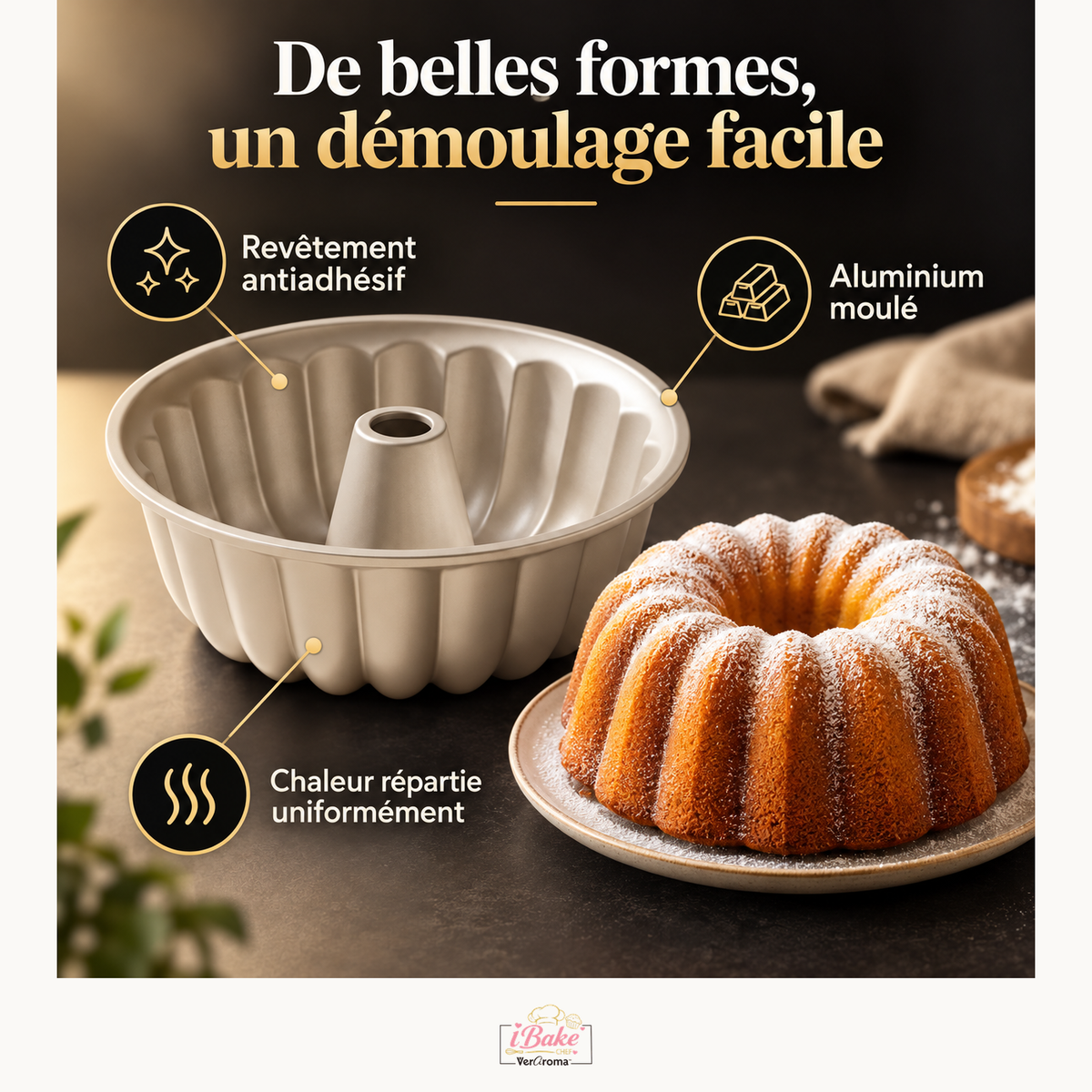 Moule à gâteau Bundt antiadhésif - Champagne Doré — demoulage — logo original