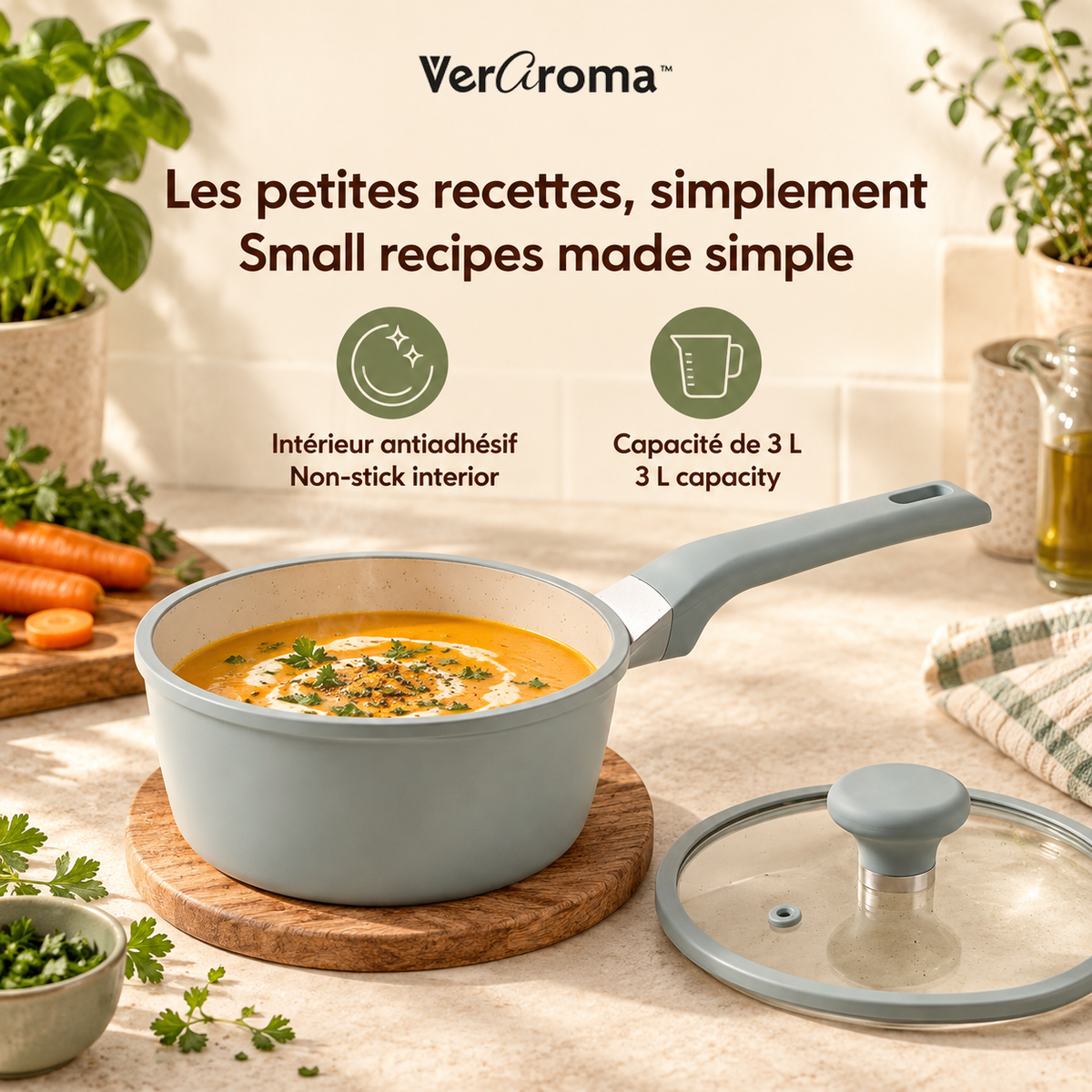 Casserole antiadhésive en aluminium moulé sous pression avec couvercle en verre - 18 cm, 3.0 L — Avantages / Benefits