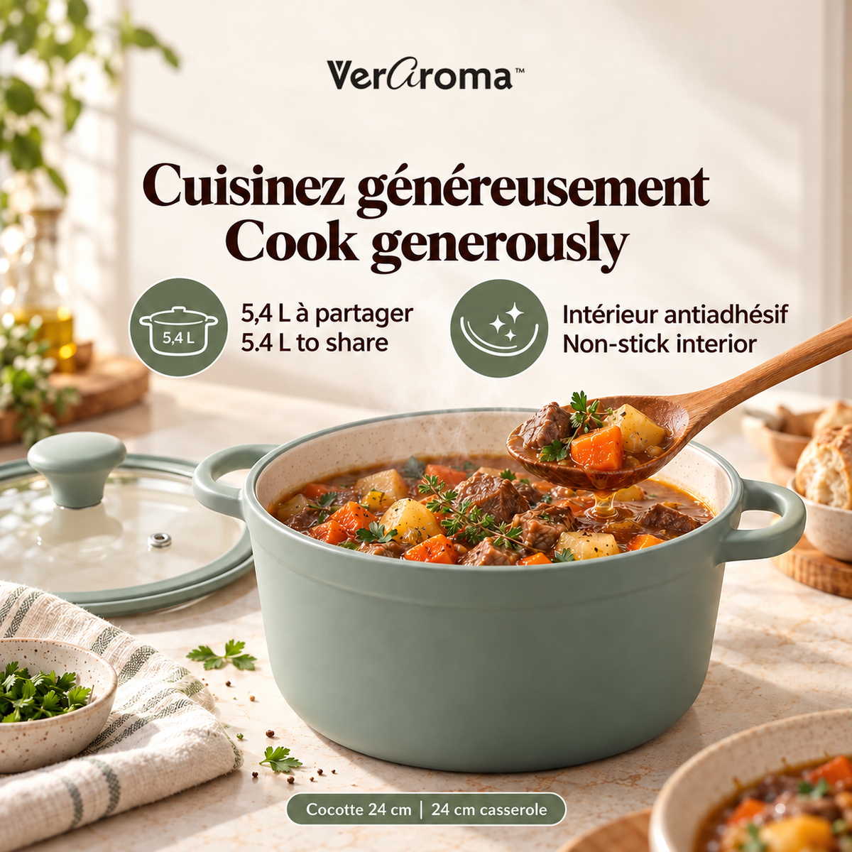 Cocotte en aluminium moulé sous pression antiadhésive avec couvercle en verre - 24 cm, 5.4 L — Capacité et revêtement / Capacity and coating