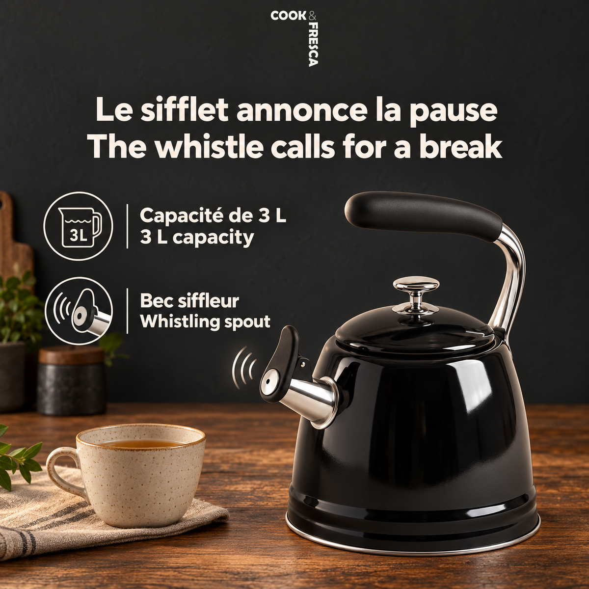 76-7-99765 — Bouilloire sifflante noire 3 L — caractéristiques bilingues 1 — logo original Cook & Fresca