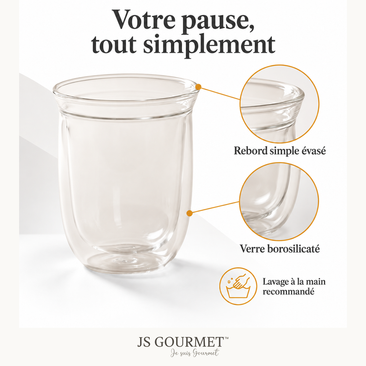 Verres à double paroi et à simple rebord, Lot de 2 - 280 ml — détails et entretien — JS GOURMET