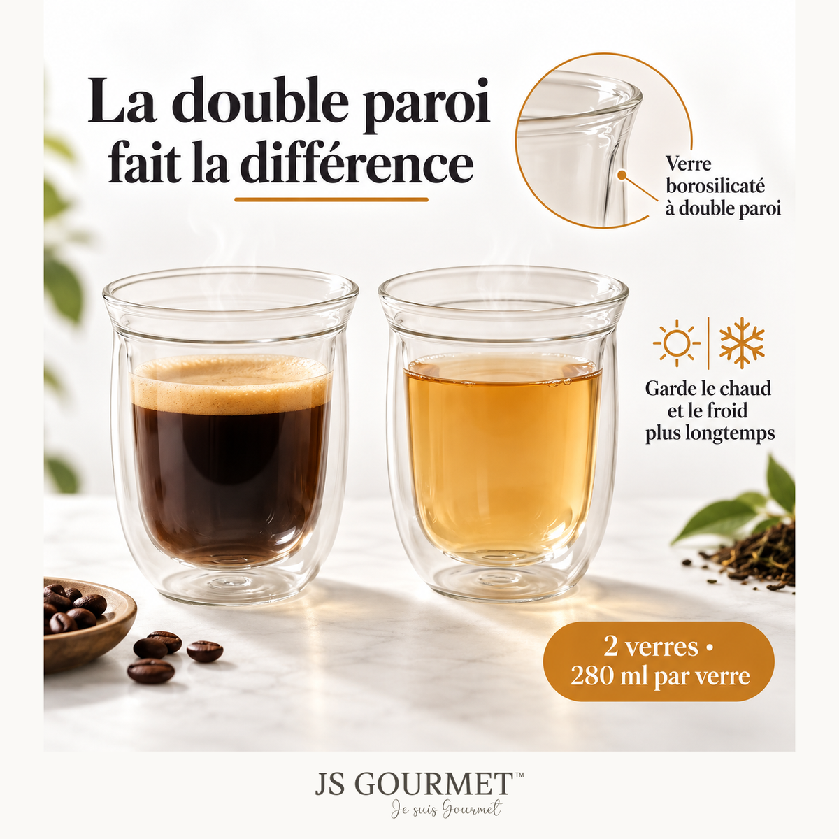Verres à double paroi et à simple rebord, Lot de 2 - 280 ml — double paroi et capacité — JS GOURMET