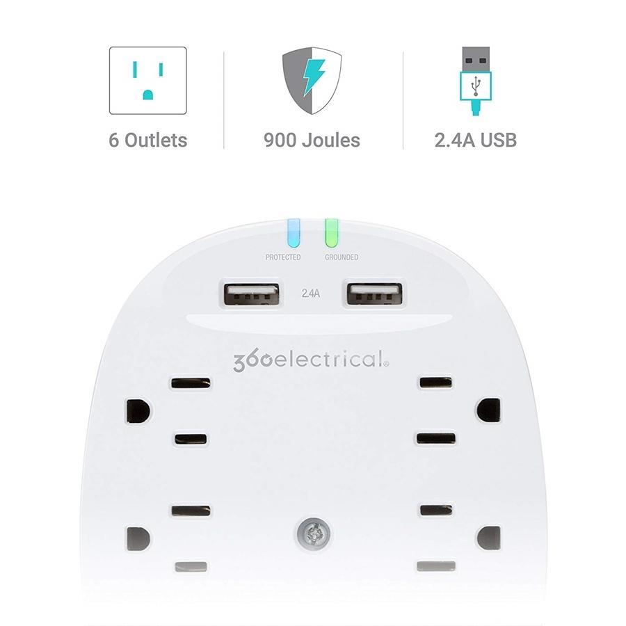 360 Electrica Studio Protecteur de Surtension à 6 Prises avec 2 Prises USB 2-2.4Amp Blanc 360303 - Simple Boutique